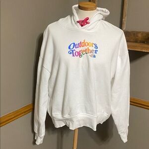 The North Face White/Multicolor “outdoors together” Print hoodie size XL